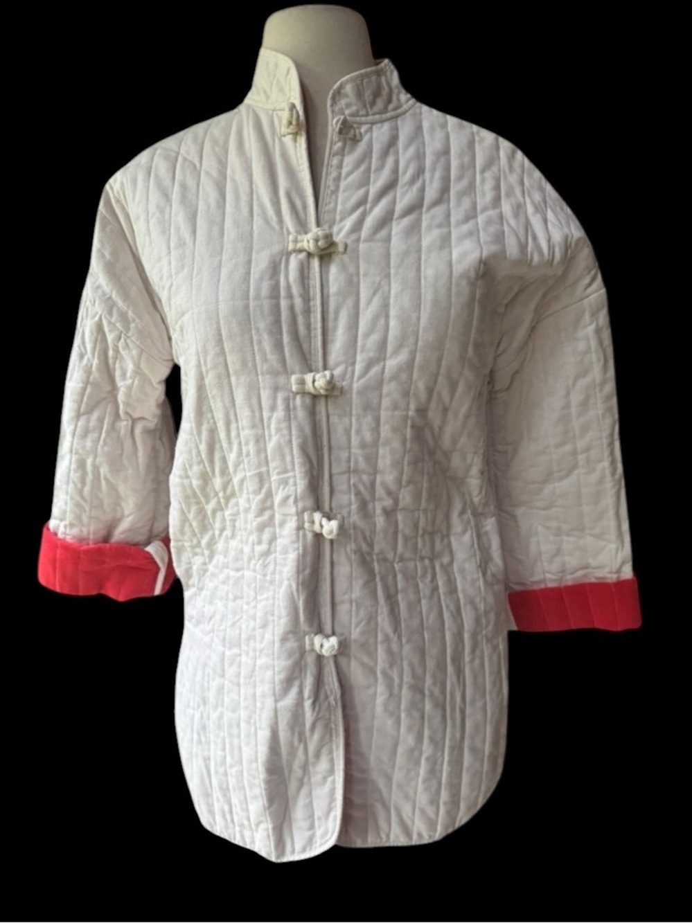 1970s Foxey, Made in Yugoslavia, Off White w/Red Cuffs Quilted Tang Suit
